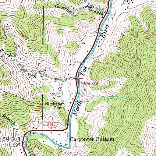 Topographic Map of Birchfield Creek, NC