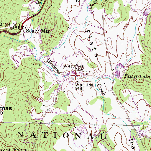 Topographic Map of Watkins Mill, NC