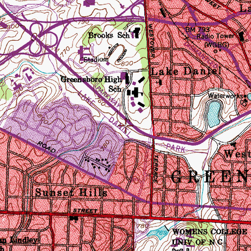 Topographic Map of Lake Daniel Park, NC