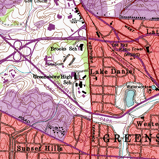 Topographic Map of Greensboro High School, NC