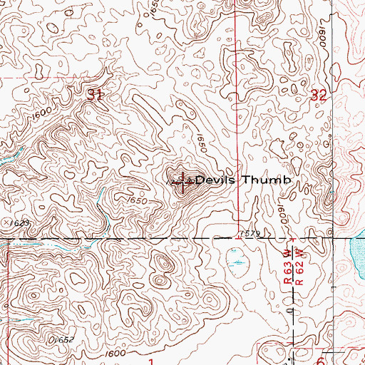 Topographic Map of Devils Thumb, ND