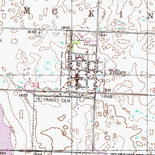 Topographic Map of Tolley, ND