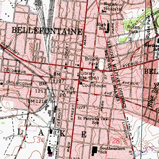 Topographic Map of Bellefontaine, OH