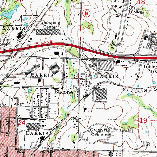 Topographic Map of Bacone, OK