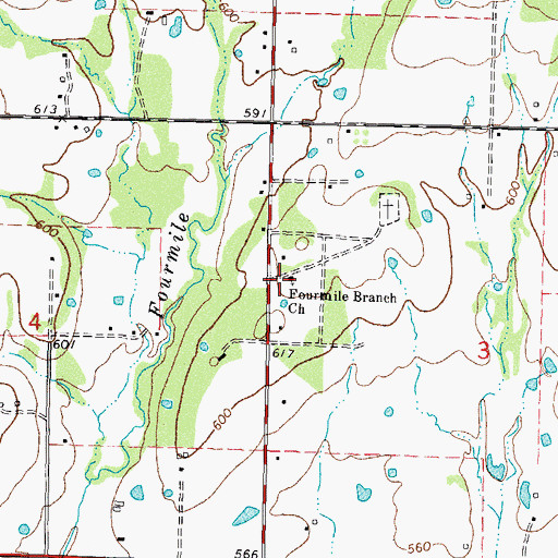 Topographic Map of Fourmile Branch Church, OK