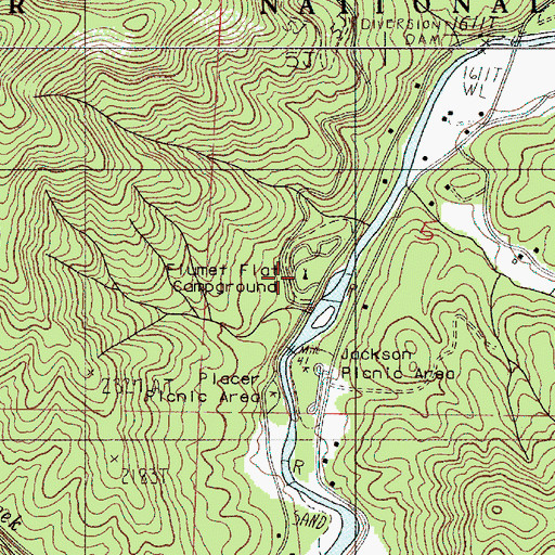 Topographic Map of Flumet Flat Recreation Site, OR