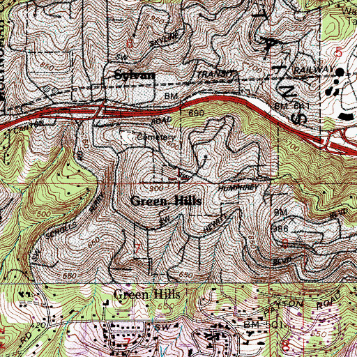 Topographic Map of Green Hills, OR