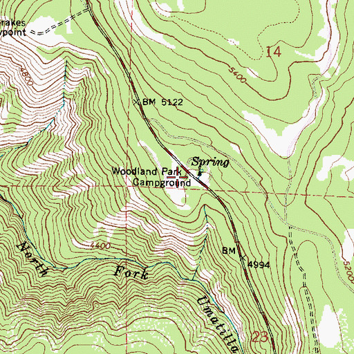 Topographic Map of Woodland Recreation Site, OR