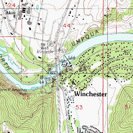 Topographic Map of Winchester Dam, OR
