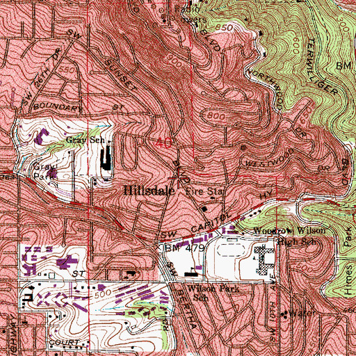 Topographic Map of Hillsdale Post Office (historical), OR