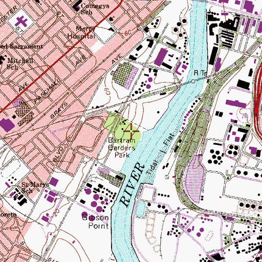 Topographic Map of Bartram Gardens Park, PA