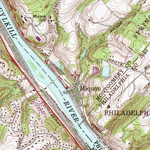 Topographic Map of Miquon, PA