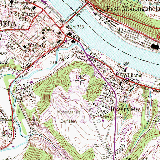 Topographic Map of Monongahela Cemetery, PA