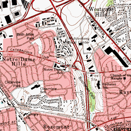 Topographic Map of Notre Dame School, PA