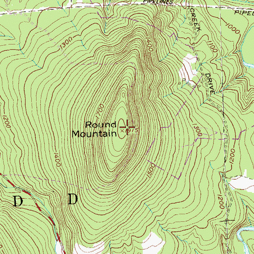 Topographic Map of Round Mountain, PA