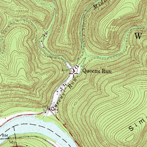 Topographic Map of West Branch Queens Run, PA