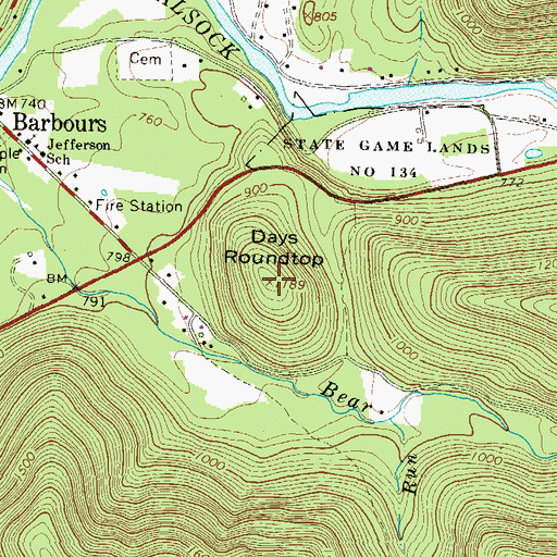 Topographic Map of Days Roundtop, PA