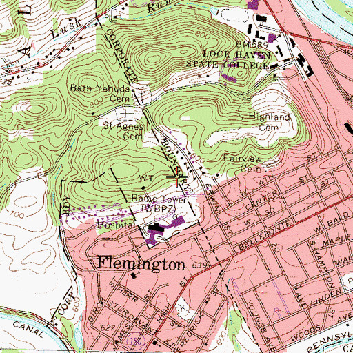 Topographic Map of WBPZ-AM (Lock Haven), PA