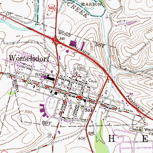 Topographic Map of Borough of Womelsdorf, PA