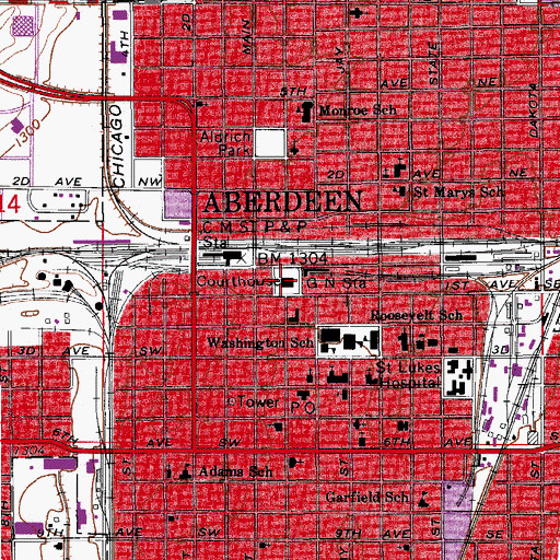 Topographic Map of Aberdeen, SD