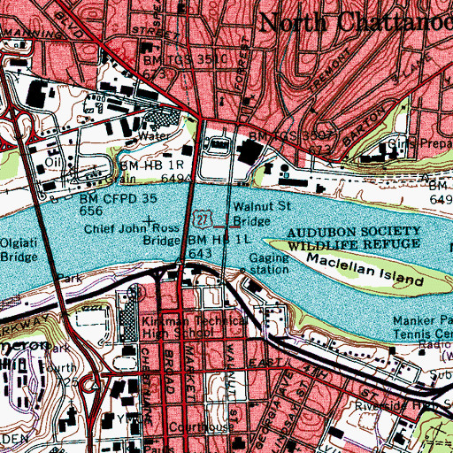 Topographic Map of Walnut Street Bridge, TN