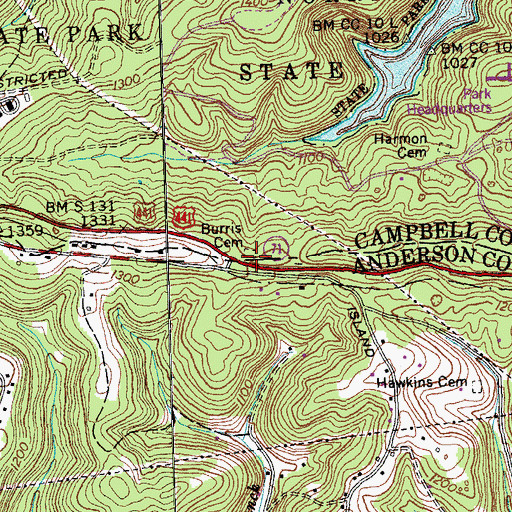 Topographic Map of Burris Cemetery, TN