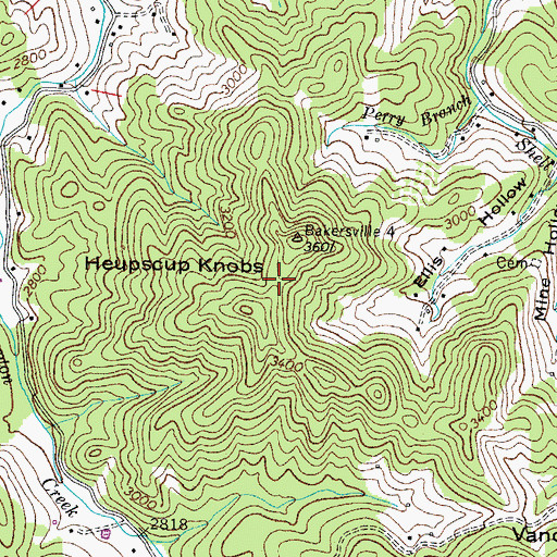 Topographic Map of Heupscup Knobs, TN
