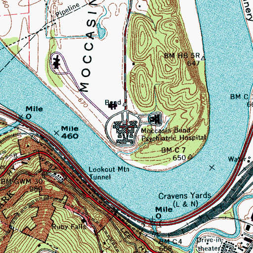 Topographic Map of Moccasin Bend Mental Health Institute, TN