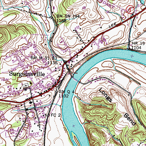 Topographic Map of Surgoinsville Creek, TN