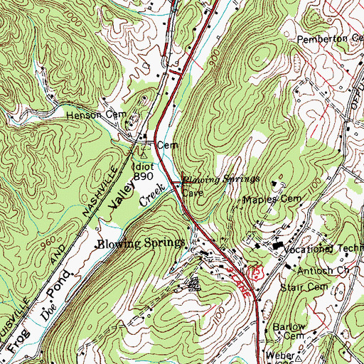 Topographic Map of Blowing Springs, TN