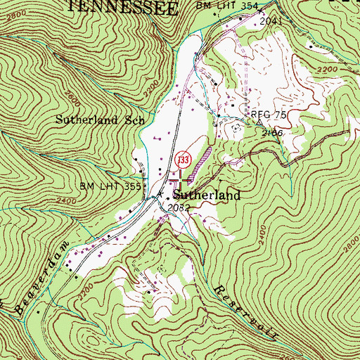 Topographic Map of Sutherland, TN