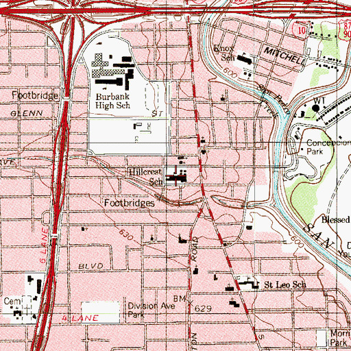 Topographic Map of Hillcrest School, TX