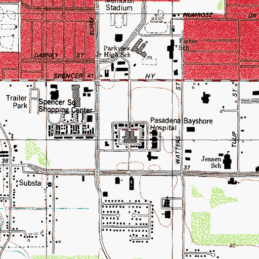 Topographic Map of Pasadena Bay Shore Hospital, TX