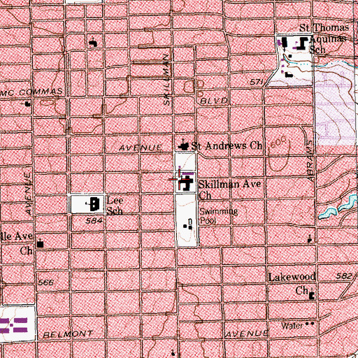 Topographic Map of Skillman Avenue Church, TX