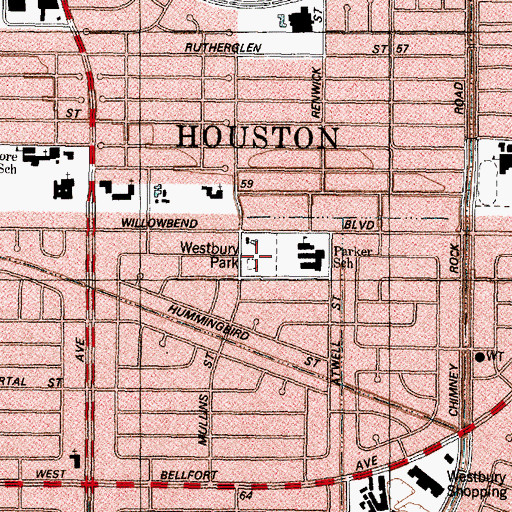 Topographic Map of Westbury Park, TX
