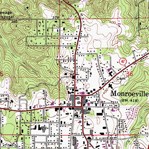 Topographic Map of Monroe County High School, AL