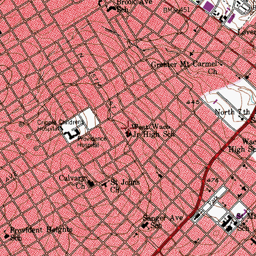 Topographic Map of West Waco Junior High School, TX