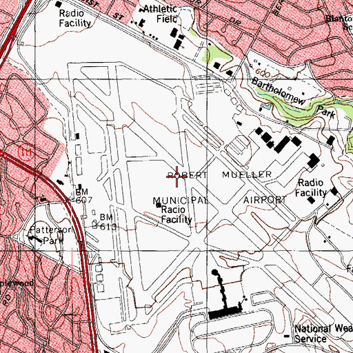Topographic Map of Robert Mueller Municipal Airport (historical), TX