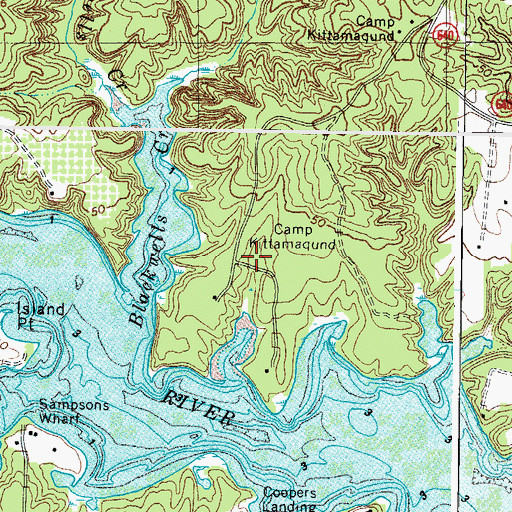 Topographic Map of Camp Kittamaqund, VA