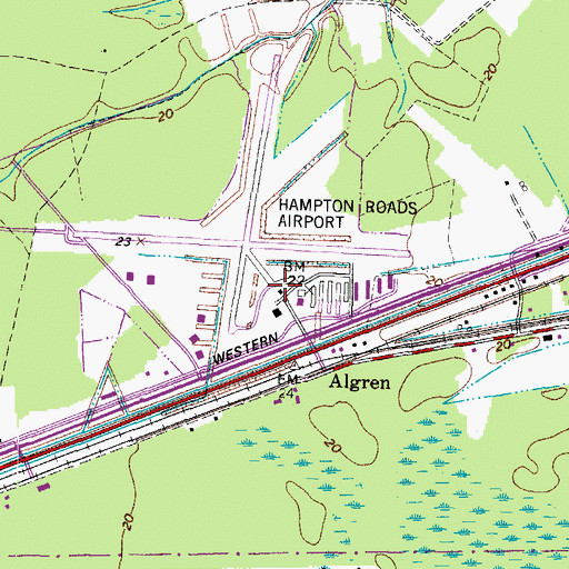 Topographic Map of Hampton Roads Executive Airport, VA