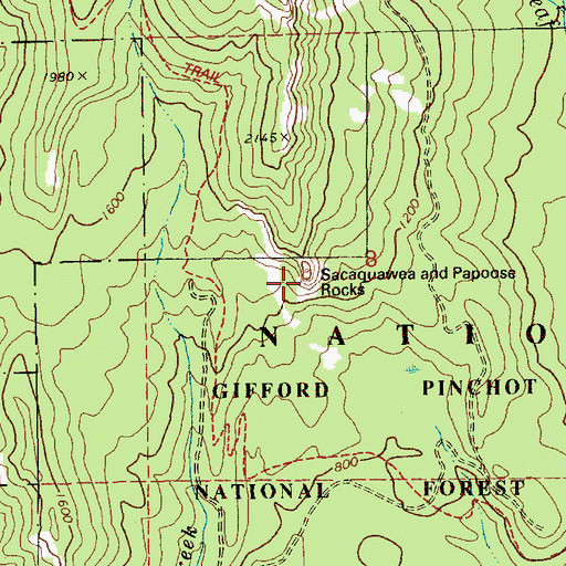 Topographic Map of Sacagawea and Papoose Rocks, WA