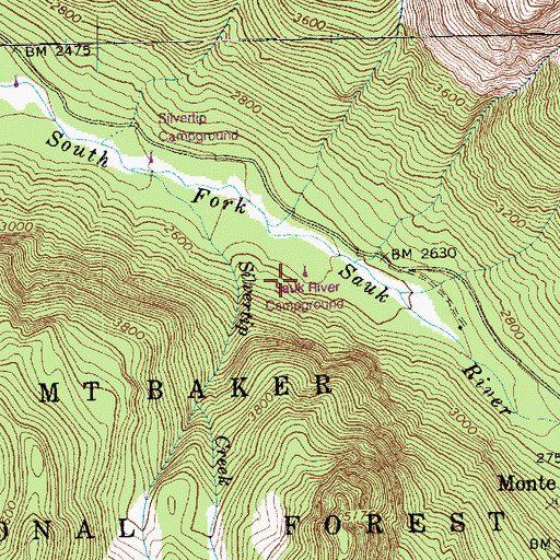 Topographic Map of Sauk River Campground, WA