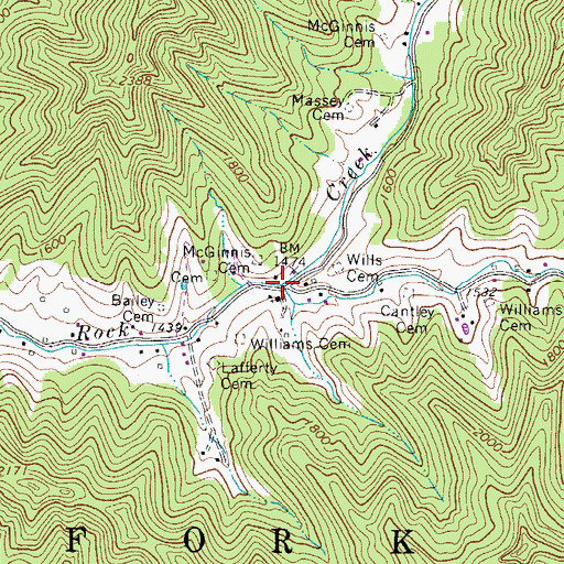 Topographic Map of Righthand Fork Rock Creek, WV