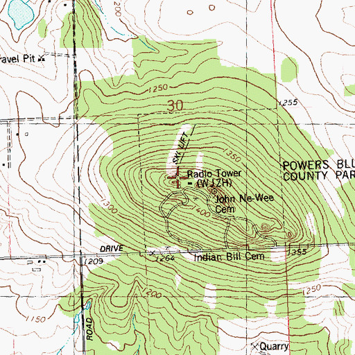 Topographic Map of Powers Bluff County Park, WI