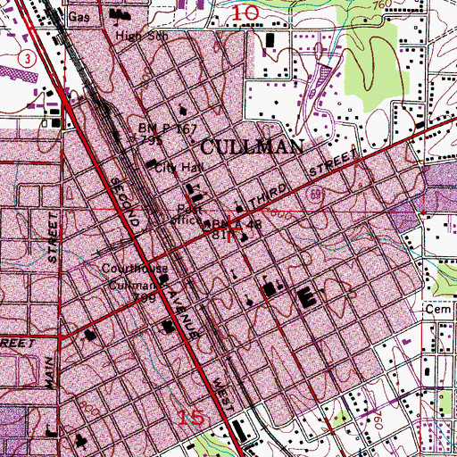 Topographic Map of Cullman Downtown Commercial Historic District, AL
