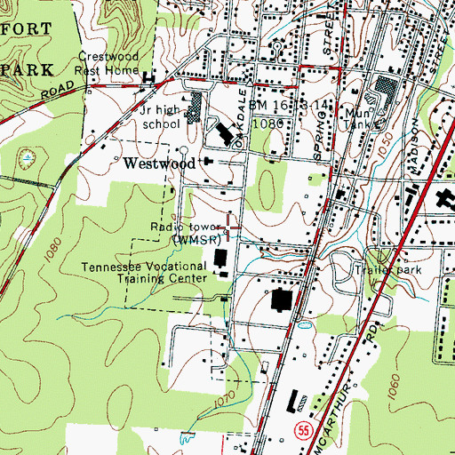 Topographic Map of WMSR-AM (Manchester), TN