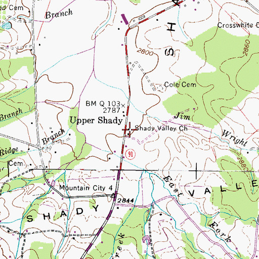 Topographic Map of Shady Valley Church, TN