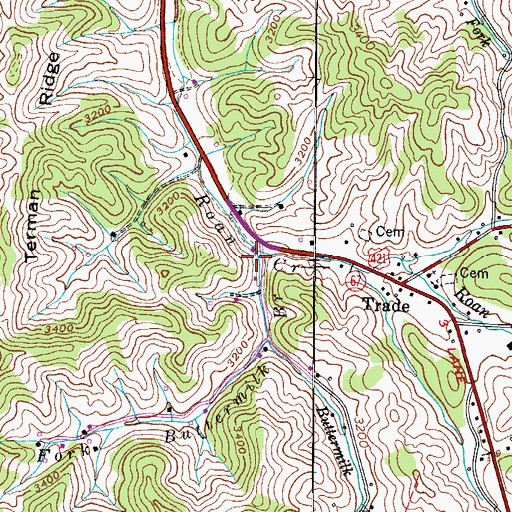 Topographic Map of West Fork Buttermilk Branch, TN