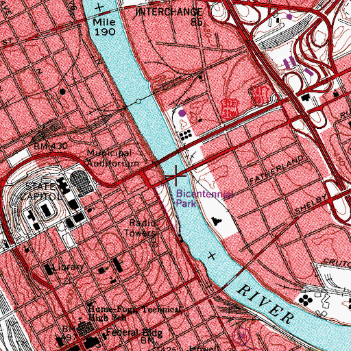 Topographic Map of Woodland Street Bridge, TN