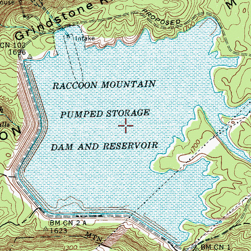 Topographic Map of Raccoon Mountain Pumped Storage Dam and Reservoir, TN
